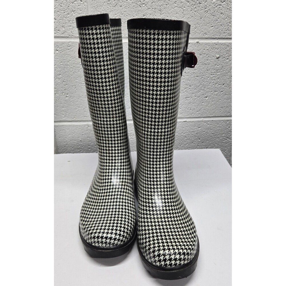 Austin Trading Co Rain Boots Women Size 9 Black White Houndstooth Rubber Buckle